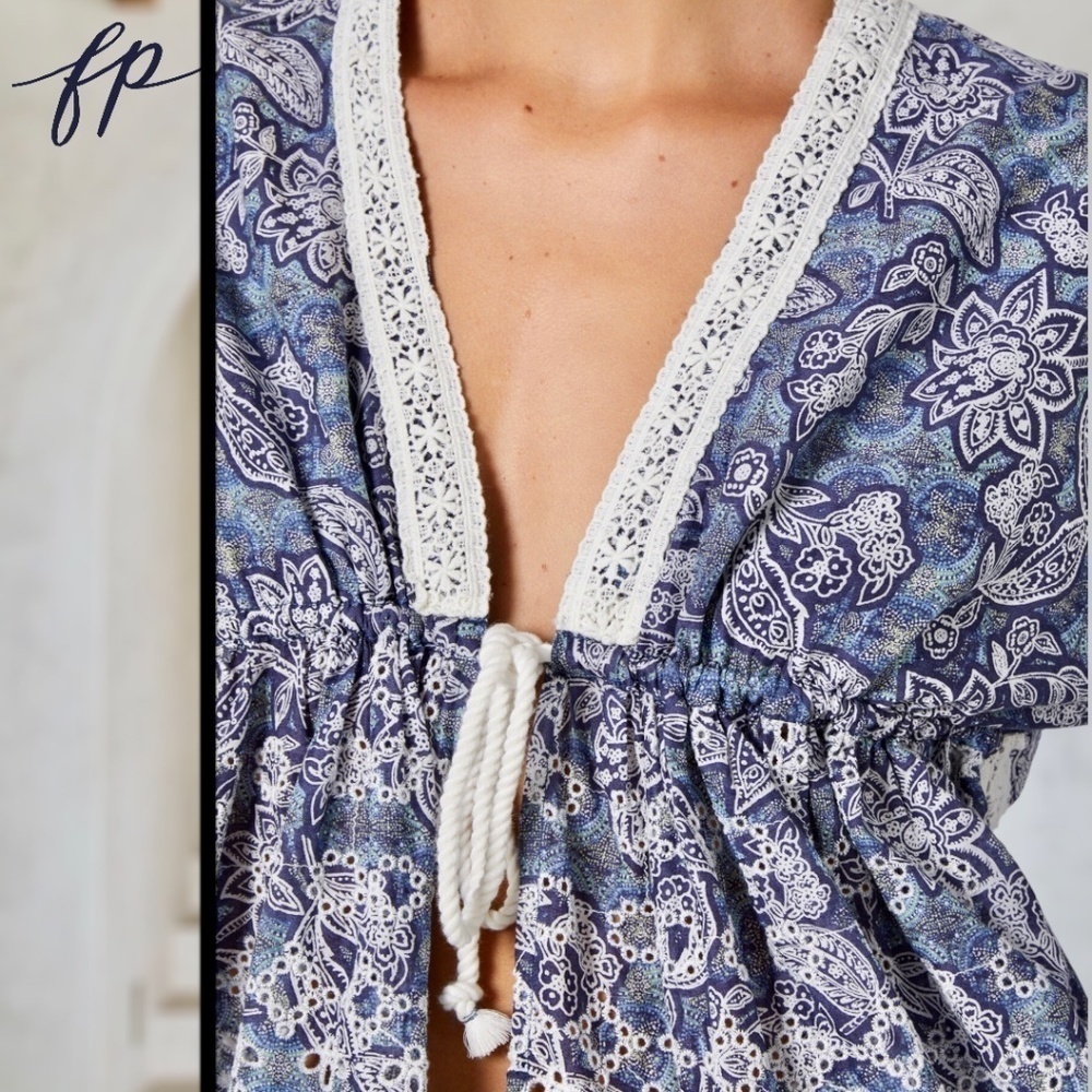 FREE PEOPLE NWT Anissa Floral-Print Eyelet/Embroidered Tie-Front Bed Jacket/Lg - Picture 10 of 14